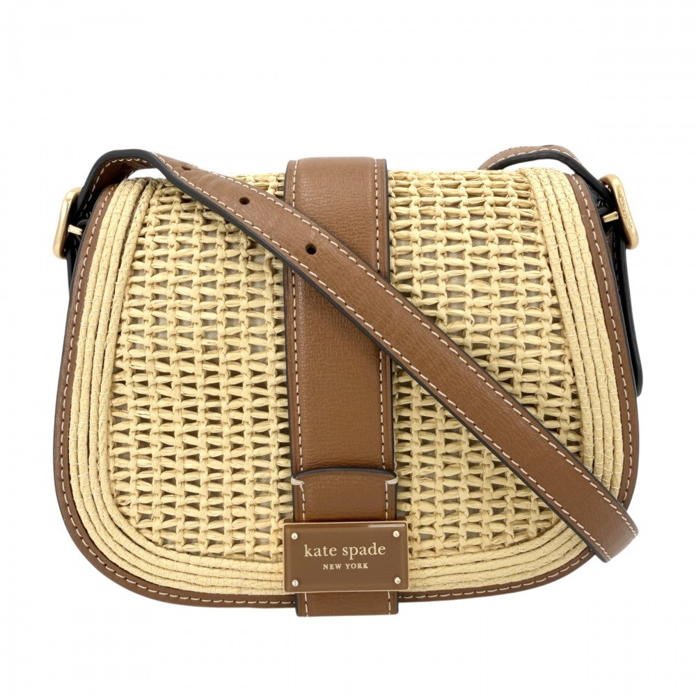 Kate Spade ケイトスペード ショルダーバッグ 小さめ ヌーヴォー ストロー ミニ サドル ストロー レザー ベージュ ブラウン 茶 ゴールド金具 レディース【中古品】