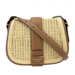 Kate Spade ケイトスペード ショルダーバッグ 小さめ ヌーヴォー ストロー ミニ サドル ストロー レザー ベージュ ブラウン 茶 ゴールド金具 レディース【中古品】