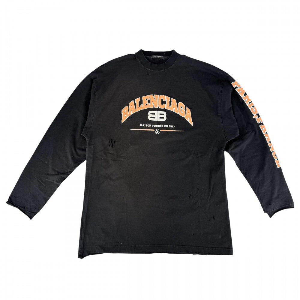 【開店SALE】 BALENCIAGA バレンシアガ 長袖Ｔシャツ クルーネックTシャツ ダメージ加工 トップス アパレル 服 681046 ブラック 黒 オールシーズン コットン メンズ【中古品】