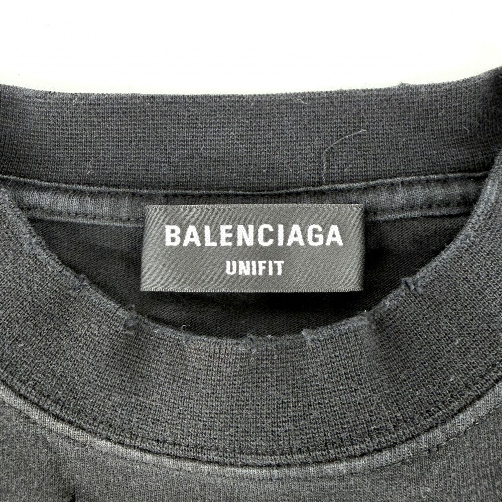 【開店SALE】 BALENCIAGA バレンシアガ 長袖Ｔシャツ クルーネックTシャツ ダメージ加工 トップス アパレル 服 681046 ブラック 黒 オールシーズン コットン メンズ【中古品】