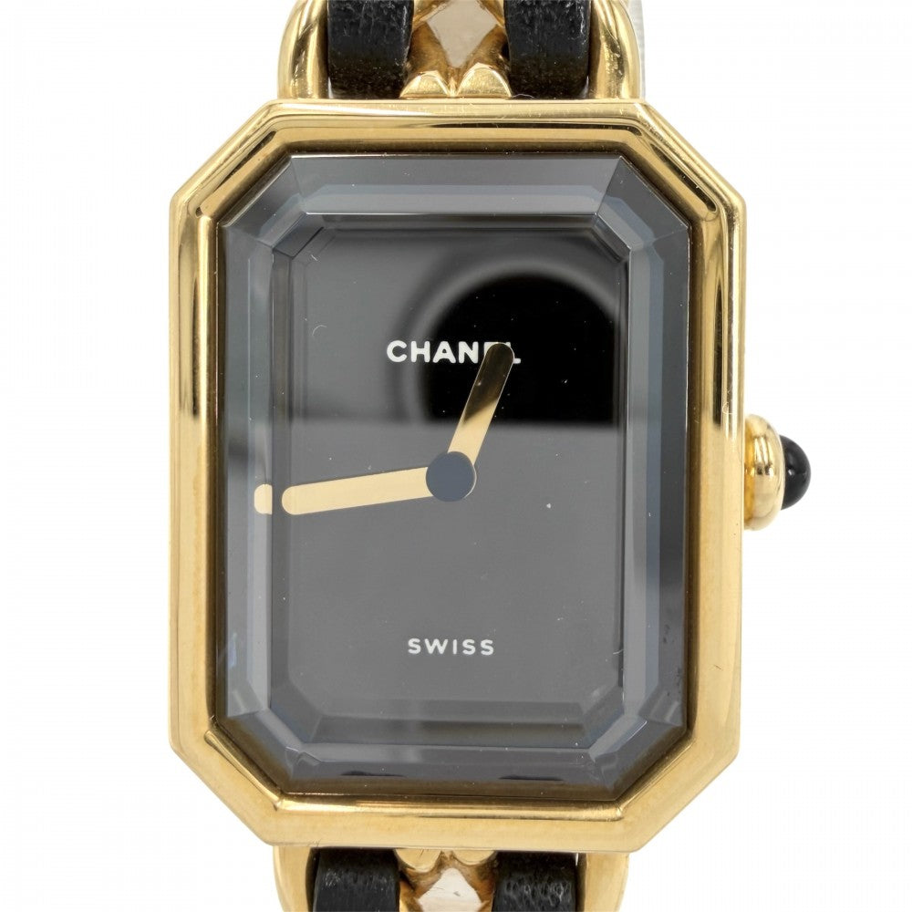 【開店SALE】 CHANEL シャネル 腕時計 プルミエールL ウォッチ 電池式 黒文字盤 QZ クオーツ GP レザー ゴールド ブラック 黒 レディース【中古品】