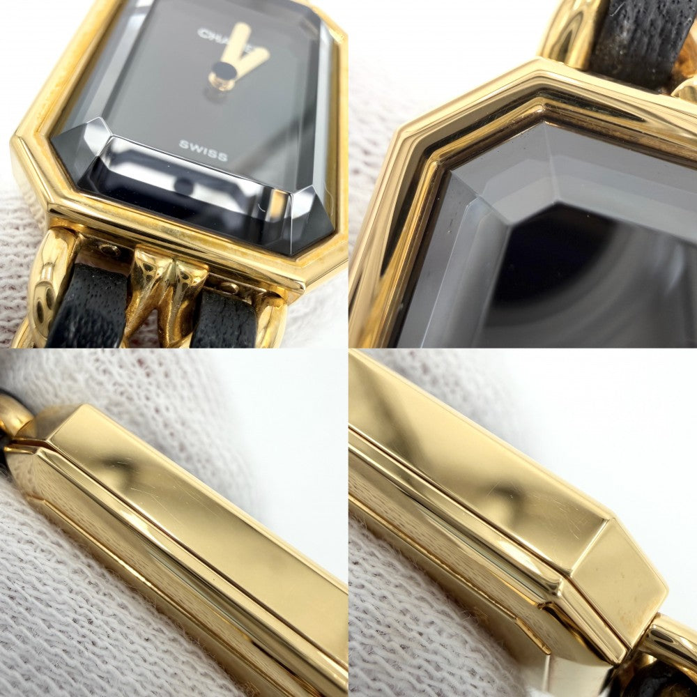 【開店SALE】 CHANEL シャネル 腕時計 プルミエールL ウォッチ 電池式 黒文字盤 QZ クオーツ GP レザー ゴールド ブラック 黒 レディース【中古品】