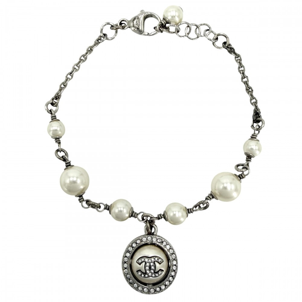 CHANEL シャネル ブレスレット ココマーク アクセサリー フェイクパール ラインストーン D19K シルバー ホワイト 白 レディース 約8.5g 2019年【中古品】