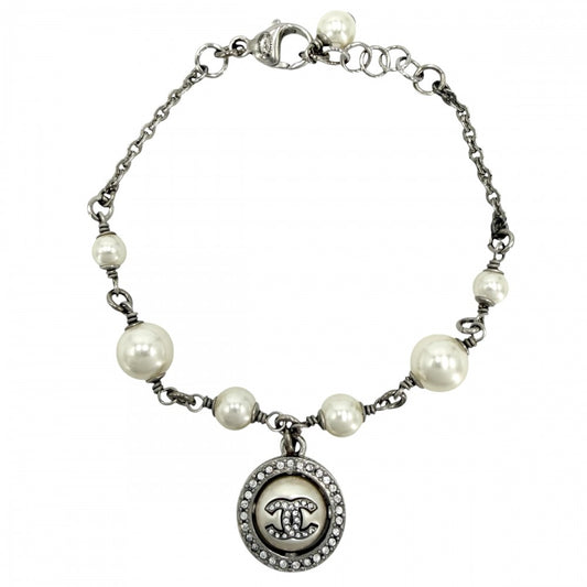 CHANEL シャネル ブレスレット ココマーク アクセサリー フェイクパール ラインストーン D19K シルバー ホワイト 白 レディース 約8.5g 2019年【中古品】