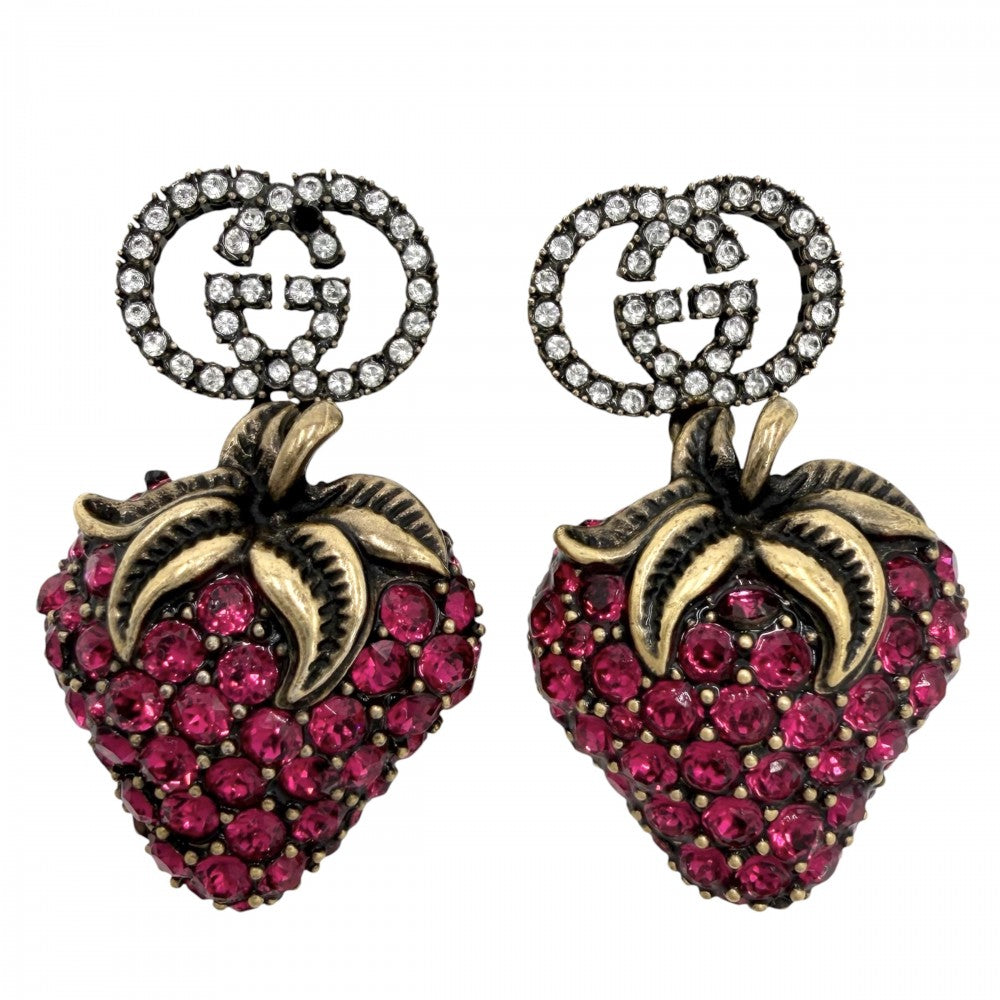 GUCCI グッチ ピアス ストロベリーモチーフ インターロッキングG アクセサリー 苺 ラインストーン ピンク ゴールド レディース 約13.3g【中古品】