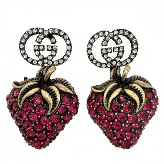 GUCCI グッチ ピアス ストロベリーモチーフ インターロッキングG アクセサリー 苺 ラインストーン ピンク ゴールド レディース 約13.3g【中古品】