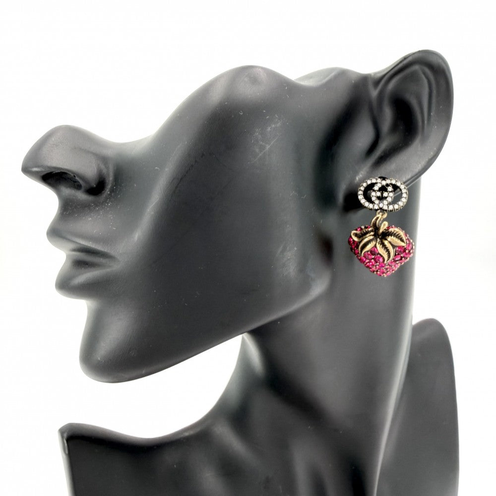 GUCCI グッチ ピアス ストロベリーモチーフ インターロッキングG アクセサリー 苺 ラインストーン ピンク ゴールド レディース 約13.3g【中古品】