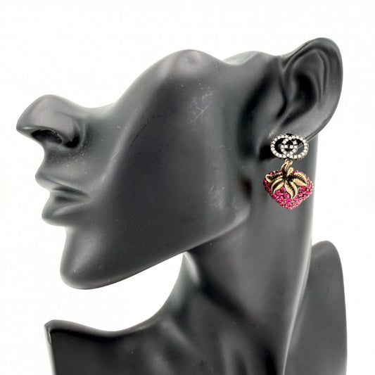 GUCCI グッチ ピアス ストロベリーモチーフ インターロッキングG アクセサリー 苺 ラインストーン ピンク ゴールド レディース 約13.3g【中古品】