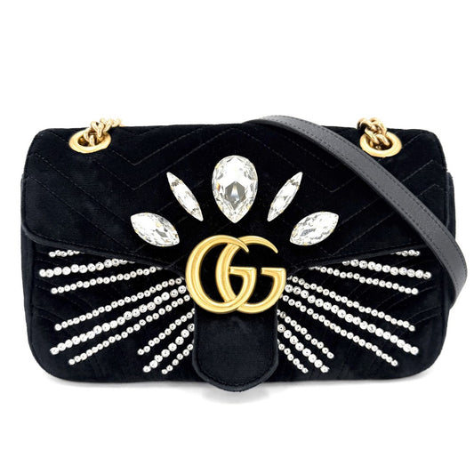 GUCCI グッチ ショルダーバッグ GGマーモント キルティングスモールチェーンショルダー　 ビジュー ハート 443497 ベルベット クリスタル ブラック 黒 アンティークゴールド金具 レディース【中古品】