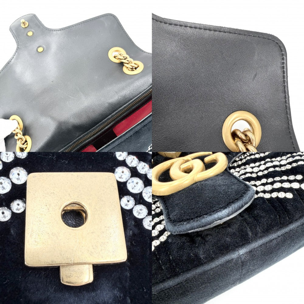 GUCCI グッチ ショルダーバッグ GGマーモント キルティングスモールチェーンショルダー　 ビジュー ハート 443497 ベルベット クリスタル ブラック 黒 アンティークゴールド金具 レディース【中古品】
