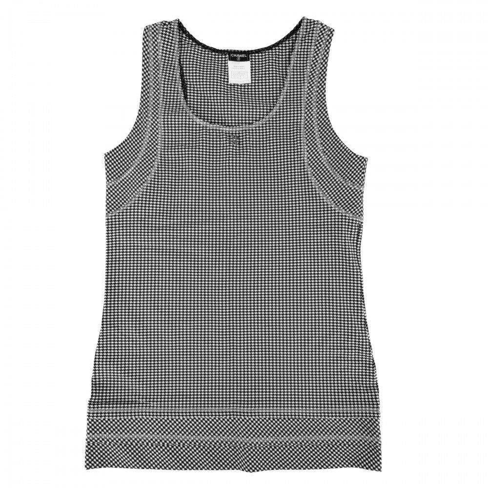 CHANEL シャネル タンクトップ ココマーク ノースリーブ アパレル 服 トップス チェック 42 ブラック 黒 ホワイト 白 夏 ナイロン スパンデックス レディース 2008年【中古品】