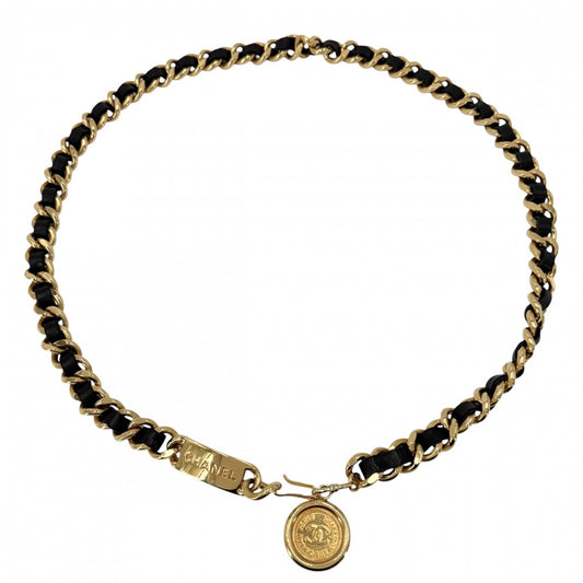 CHANEL シャネル ベルト メダル チェーンベルト ファッションアイテム 小物 ココマーク ヴィンテージ GP レザー ゴールド ブラック 黒 レディース【中古品】