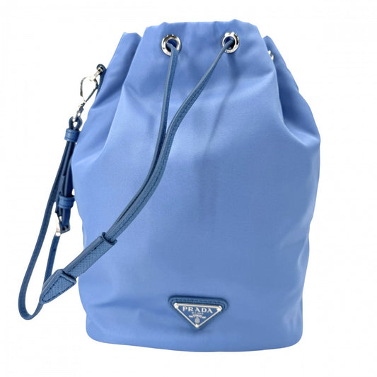 PRADA プラダ ハンドバッグ ポーチ 巾着バッグ 1NS369 ナイロン レザー ライトブルー シルバー金具 レディース【中古品】