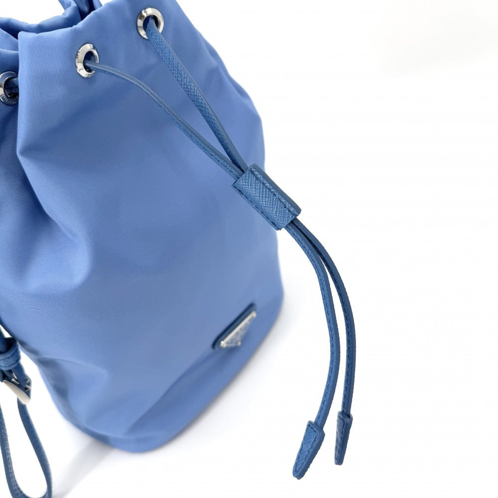 PRADA プラダ ハンドバッグ ポーチ 巾着バッグ 1NS369 ナイロン レザー ライトブルー シルバー金具 レディース【中古品】