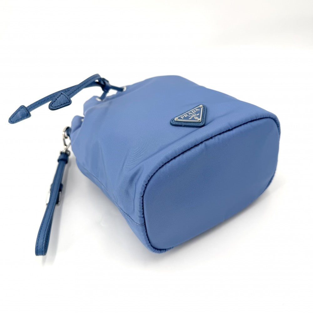 PRADA プラダ ハンドバッグ ポーチ 巾着バッグ 1NS369 ナイロン レザー ライトブルー シルバー金具 レディース【中古品】