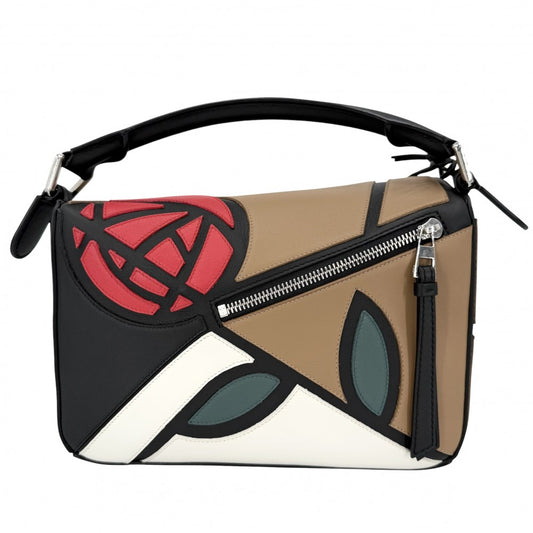 LOEWE ロエベ 2WAY 10周年記念 パズルバッグ ハンドバッグ ショルダーバッグ マッキントッシュ 花 レザー ブラウン 茶 ブラック 黒 シルバー金具 レディース【中古品】