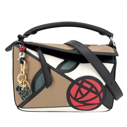 LOEWE ロエベ 2WAY 10周年記念 パズルバッグ ハンドバッグ ショルダーバッグ マッキントッシュ 花 レザー ブラウン 茶 ブラック 黒 シルバー金具 レディース【中古品】