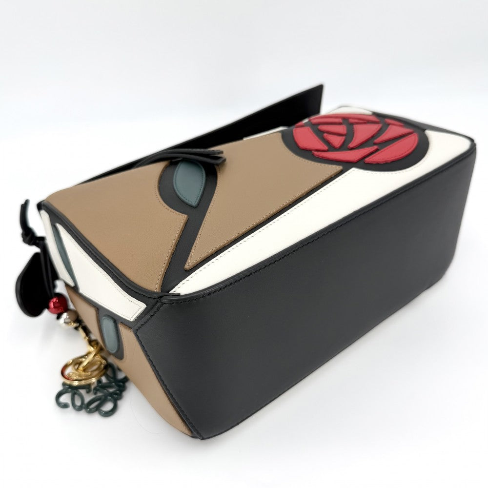 LOEWE ロエベ 2WAY 10周年記念 パズルバッグ ハンドバッグ ショルダーバッグ マッキントッシュ 花 レザー ブラウン 茶 ブラック 黒 シルバー金具 レディース【中古品】