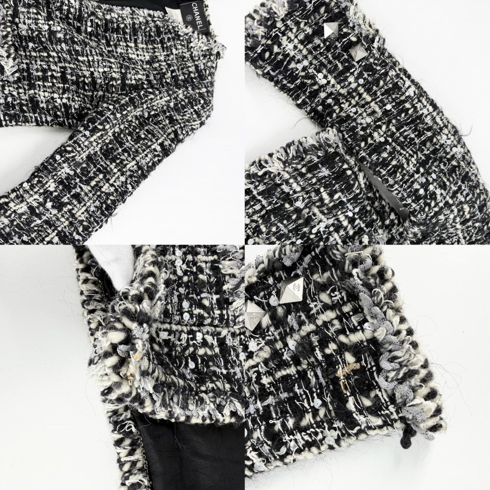 CHANEL シャネル ノーカラージャケット ツイード アウター アパレル スパンコール 服 34 ブラック 黒 ホワイト 白 レディース【中古品】