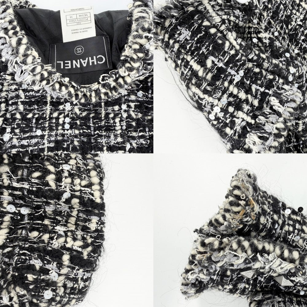 CHANEL シャネル ノーカラージャケット ツイード アウター アパレル スパンコール 服 34 ブラック 黒 ホワイト 白 レディース【中古品】