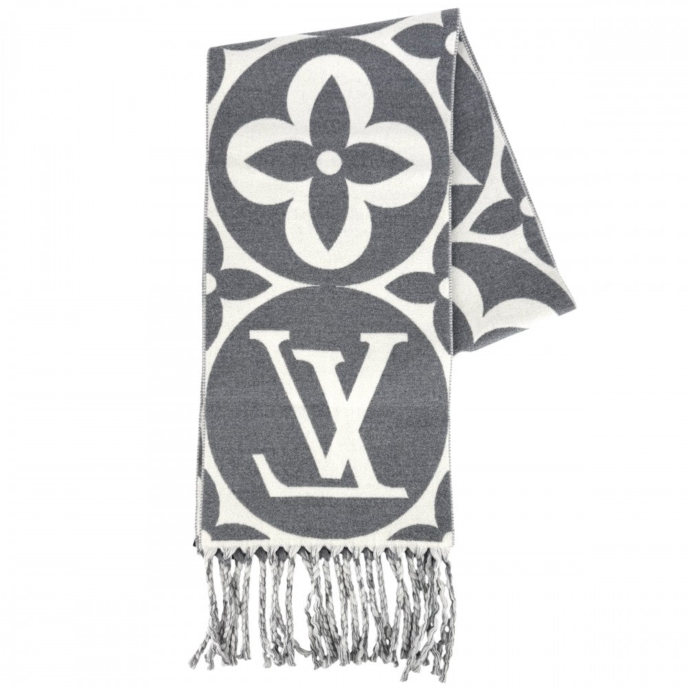 【開店SALE】 LOUIS VUITTON ルイヴィトン マフラー モノグラムフラワー LV メダリオン 小物 防寒具 グレー ホワイト M92857 冬 ウール グリ・クレール レディース【中古品】