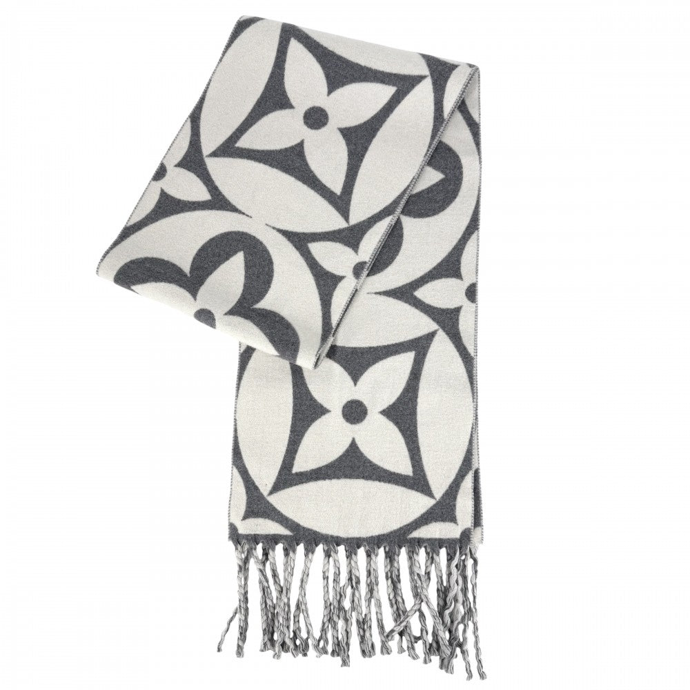 【開店SALE】 LOUIS VUITTON ルイヴィトン マフラー モノグラムフラワー LV メダリオン 小物 防寒具 グレー ホワイト M92857 冬 ウール グリ・クレール レディース【中古品】