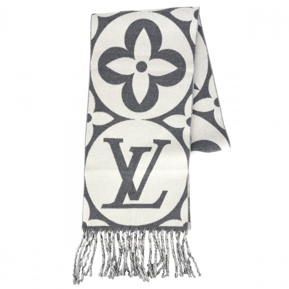 【開店SALE】 LOUIS VUITTON ルイヴィトン マフラー モノグラムフラワー LV メダリオン 小物 防寒具 グレー ホワイト M92857 冬 ウール グリ・クレール レディース【中古品】