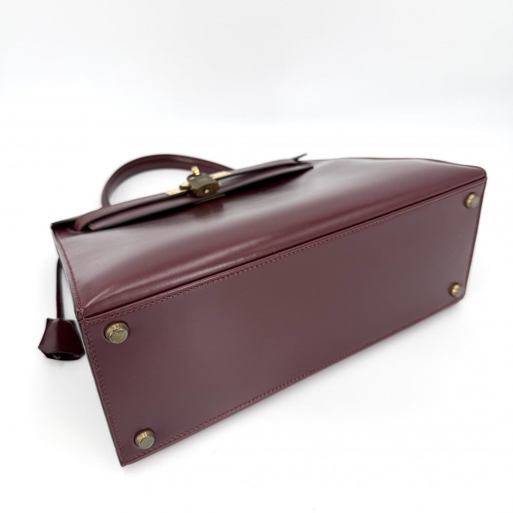【開店SALE】 HERMES エルメス ハンドバッグ ケリー28 外縫い ○H刻印 ボックスカーフ ボルドー ゴールド金具 レディース 1978年【中古品】