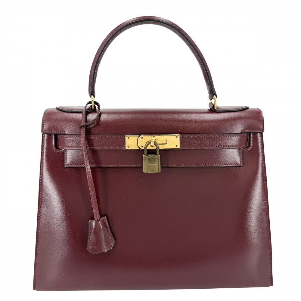 【開店SALE】 HERMES エルメス ハンドバッグ ケリー28 外縫い ○H刻印 ボックスカーフ ボルドー ゴールド金具 レディース 1978年【中古品】