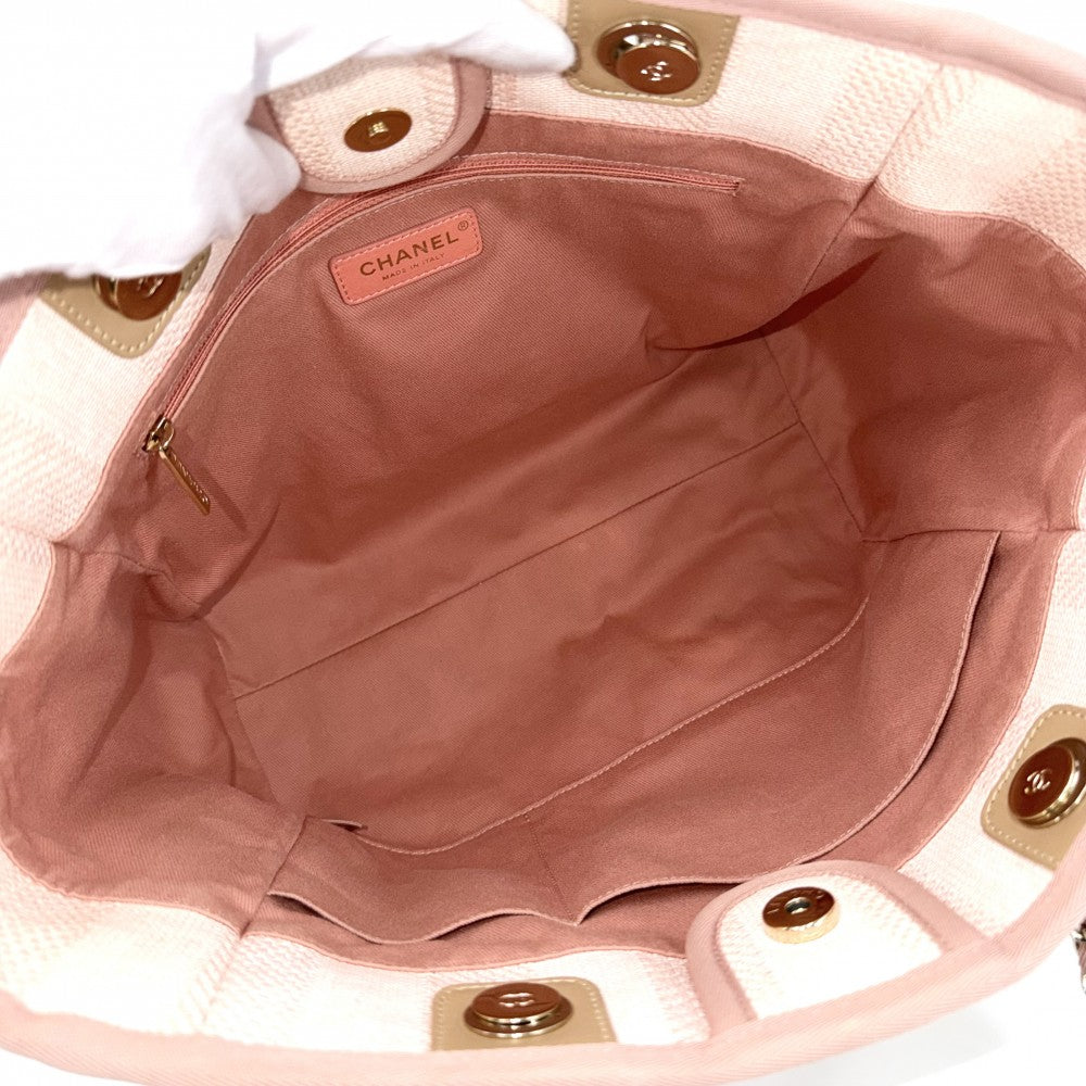 CHANEL シャネル ハンドバッグ ドーヴィルMM チェーントートバッグ ココマーク ストライプ ラフィア レザー ピンク ゴールド金具 レディース【中古品】
