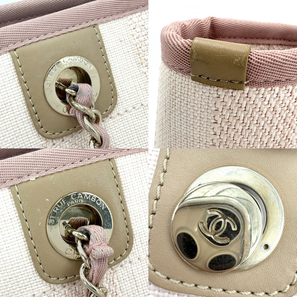 CHANEL シャネル ハンドバッグ ドーヴィルMM チェーントートバッグ ココマーク ストライプ ラフィア レザー ピンク ゴールド金具 レディース【中古品】