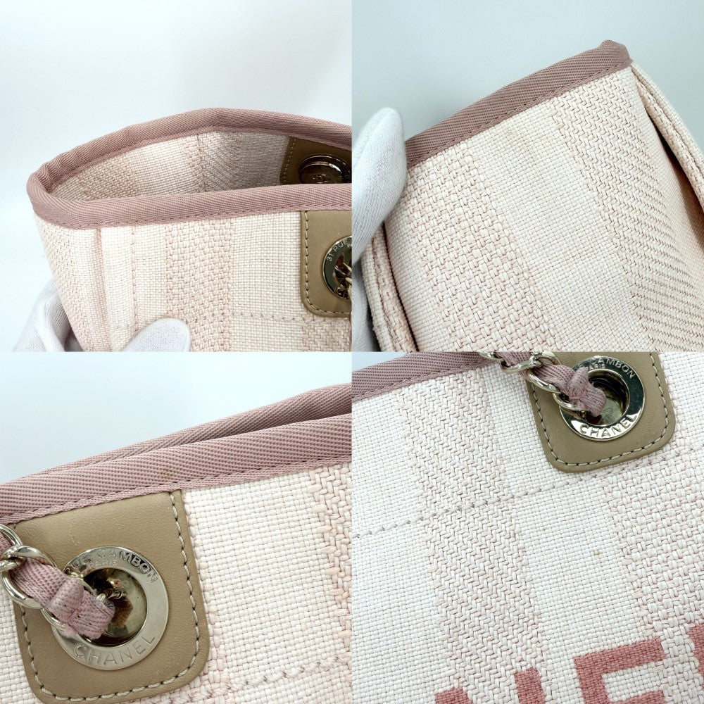 CHANEL シャネル ハンドバッグ ドーヴィルMM チェーントートバッグ ココマーク ストライプ ラフィア レザー ピンク ゴールド金具 レディース【中古品】