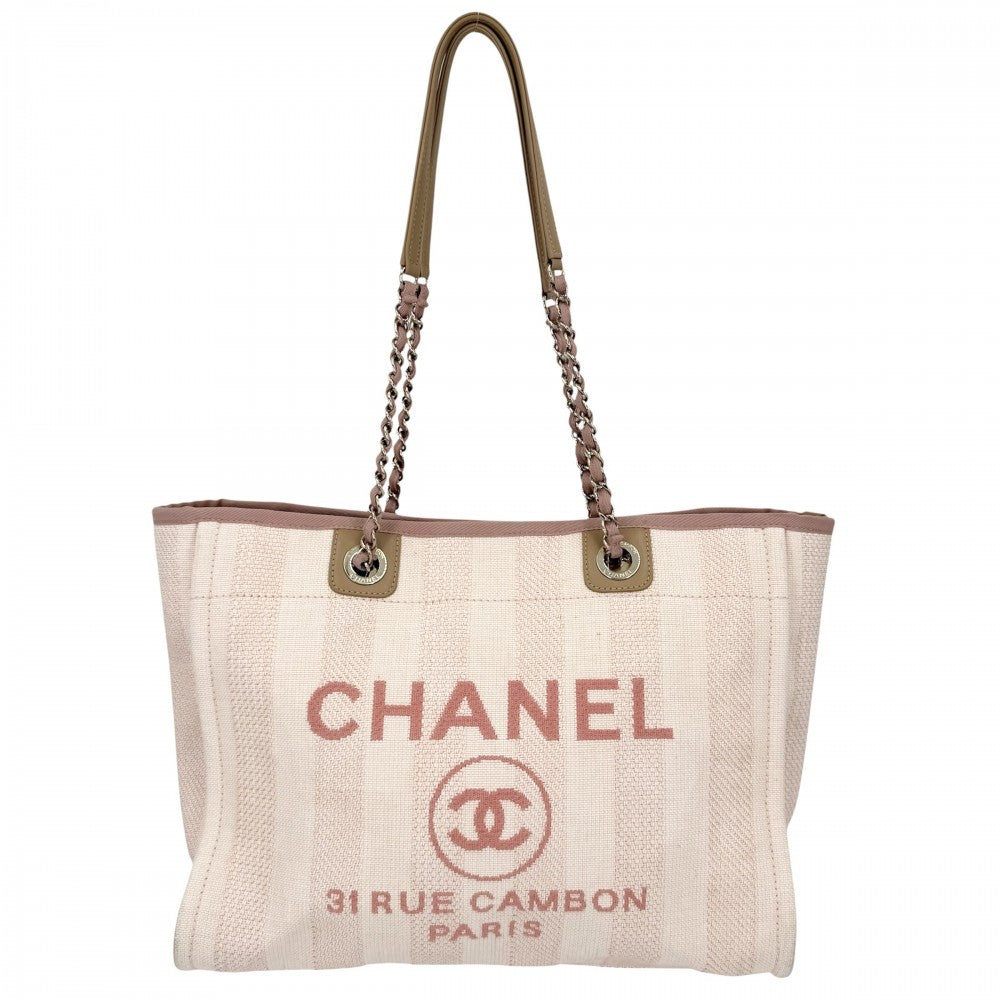 CHANEL シャネル ハンドバッグ ドーヴィルMM チェーントートバッグ ココマーク ストライプ ラフィア レザー ピンク ゴールド金具 レディース【中古品】