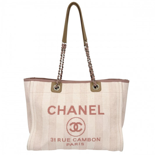 CHANEL シャネル ハンドバッグ ドーヴィルMM チェーントートバッグ ココマーク ストライプ ラフィア レザー ピンク ゴールド金具 レディース【中古品】