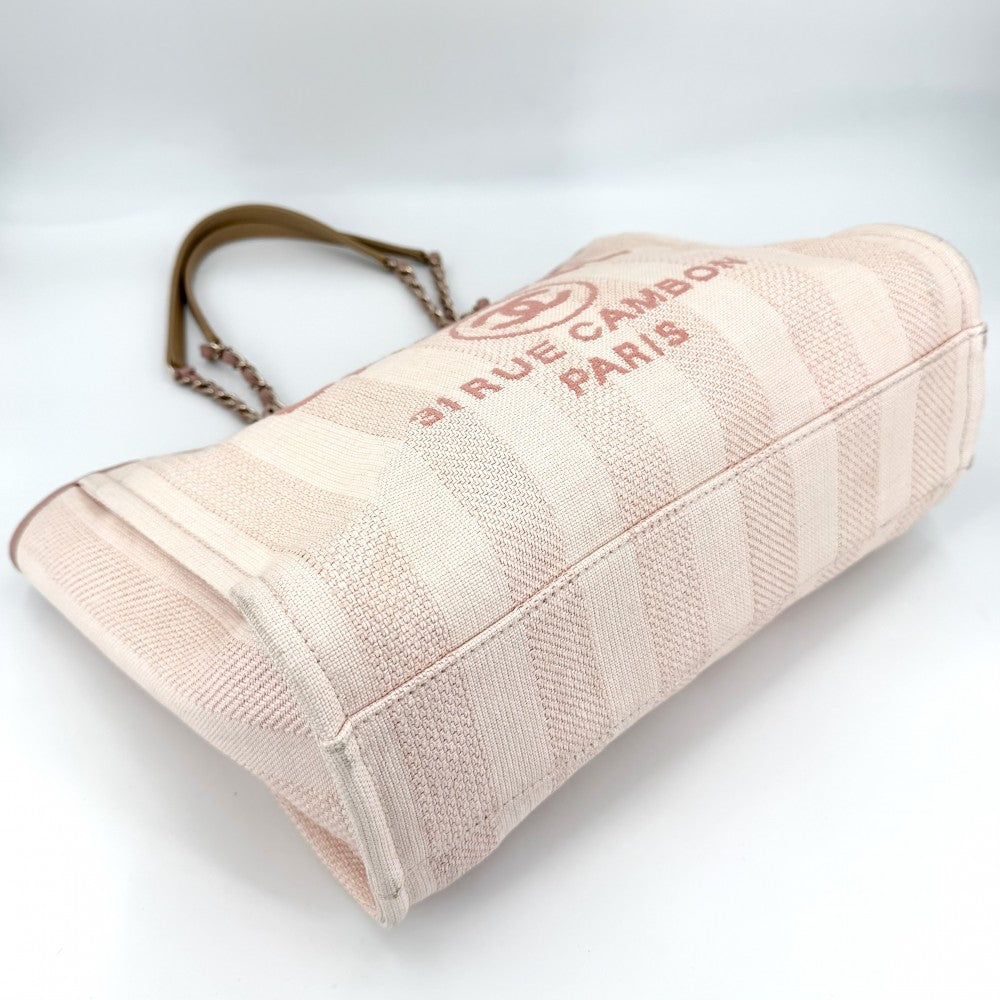 CHANEL シャネル ハンドバッグ ドーヴィルMM チェーントートバッグ ココマーク ストライプ ラフィア レザー ピンク ゴールド金具 レディース【中古品】