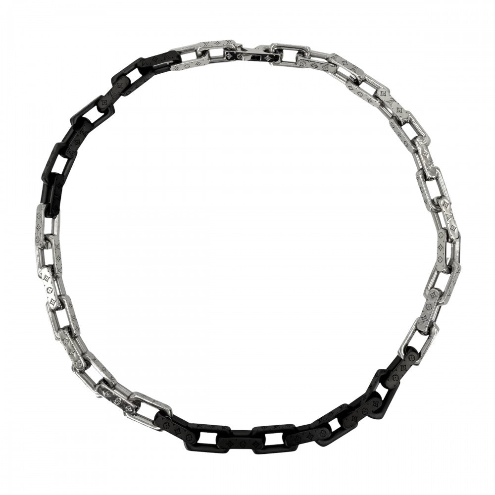 LOUIS VUITTON ルイヴィトン ネックレス モノグラムチェーン アクセサリー M00677 シルバー ブラック 黒 メンズ 約132.6g【中古品】