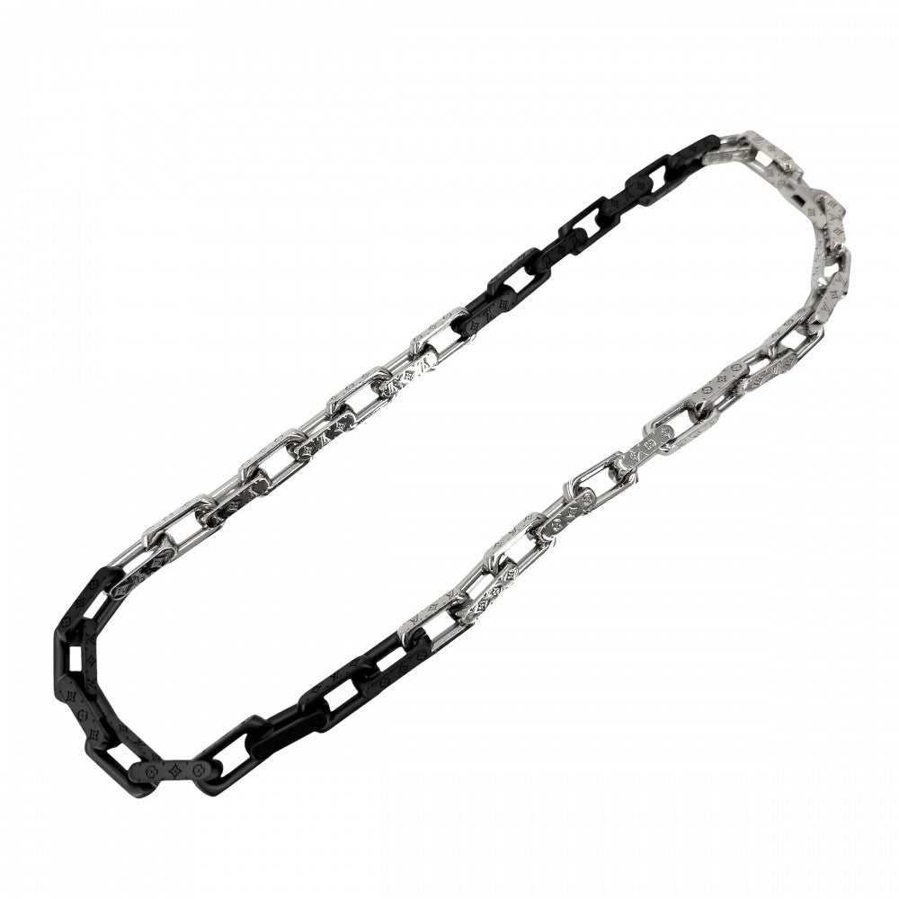 LOUIS VUITTON ルイヴィトン ネックレス モノグラムチェーン アクセサリー M00677 シルバー ブラック 黒 メンズ 約132.6g【中古品】