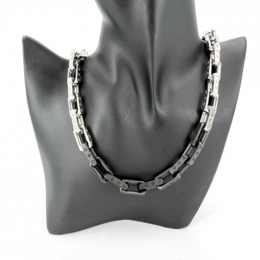 LOUIS VUITTON ルイヴィトン ネックレス モノグラムチェーン アクセサリー M00677 シルバー ブラック 黒 メンズ 約132.6g【中古品】