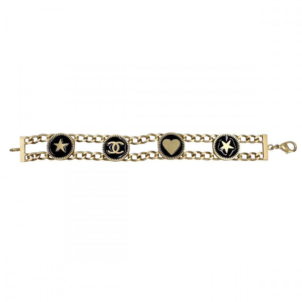 CHANEL シャネル ブレスレット チェーン ココマーク アクセサリー ハート スター 星 GP 01P ブラック 黒 ゴールド レディース 約32.3g 2001年【中古品】