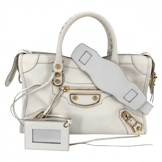 BALENCIAGA バレンシアガ 2WAY クラシック メタリック エッジ シティ ハンドバッグ ショルダーバッグ 432831 レザー ホワイト 白 ゴールド金具 レディース【中古品】