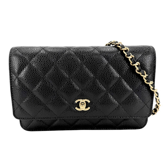 CHANEL シャネル チェーンウォレット マトラッセ ココマーク ショルダーバッグ ターンロック キャビアスキン ブラック 黒 ゴールド金具 レディース【中古品】
