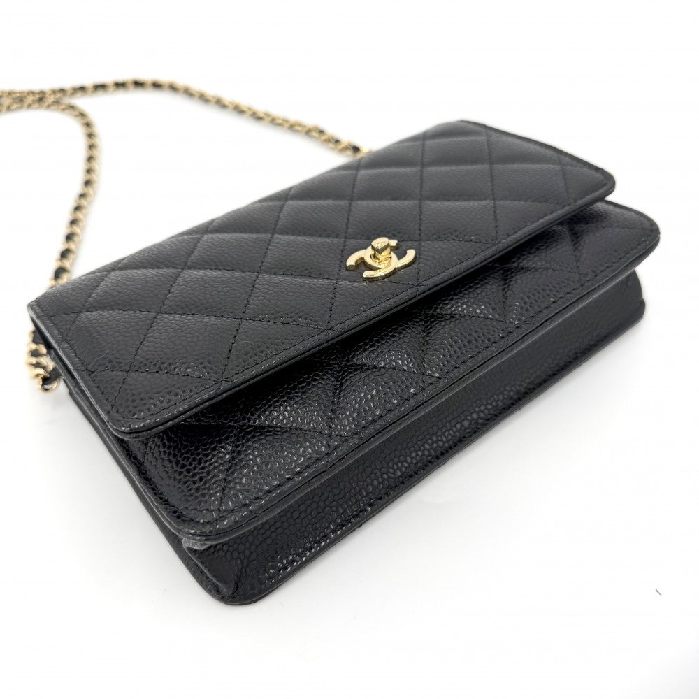 CHANEL シャネル チェーンウォレット マトラッセ ココマーク ショルダーバッグ ターンロック キャビアスキン ブラック 黒 ゴールド金具 レディース【中古品】