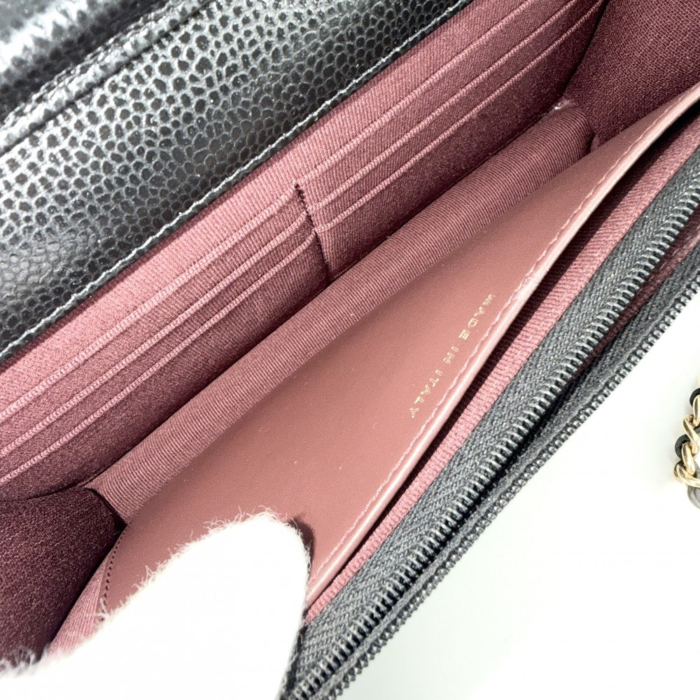 CHANEL シャネル チェーンウォレット マトラッセ ココマーク ショルダーバッグ ターンロック キャビアスキン ブラック 黒 ゴールド金具 レディース【中古品】