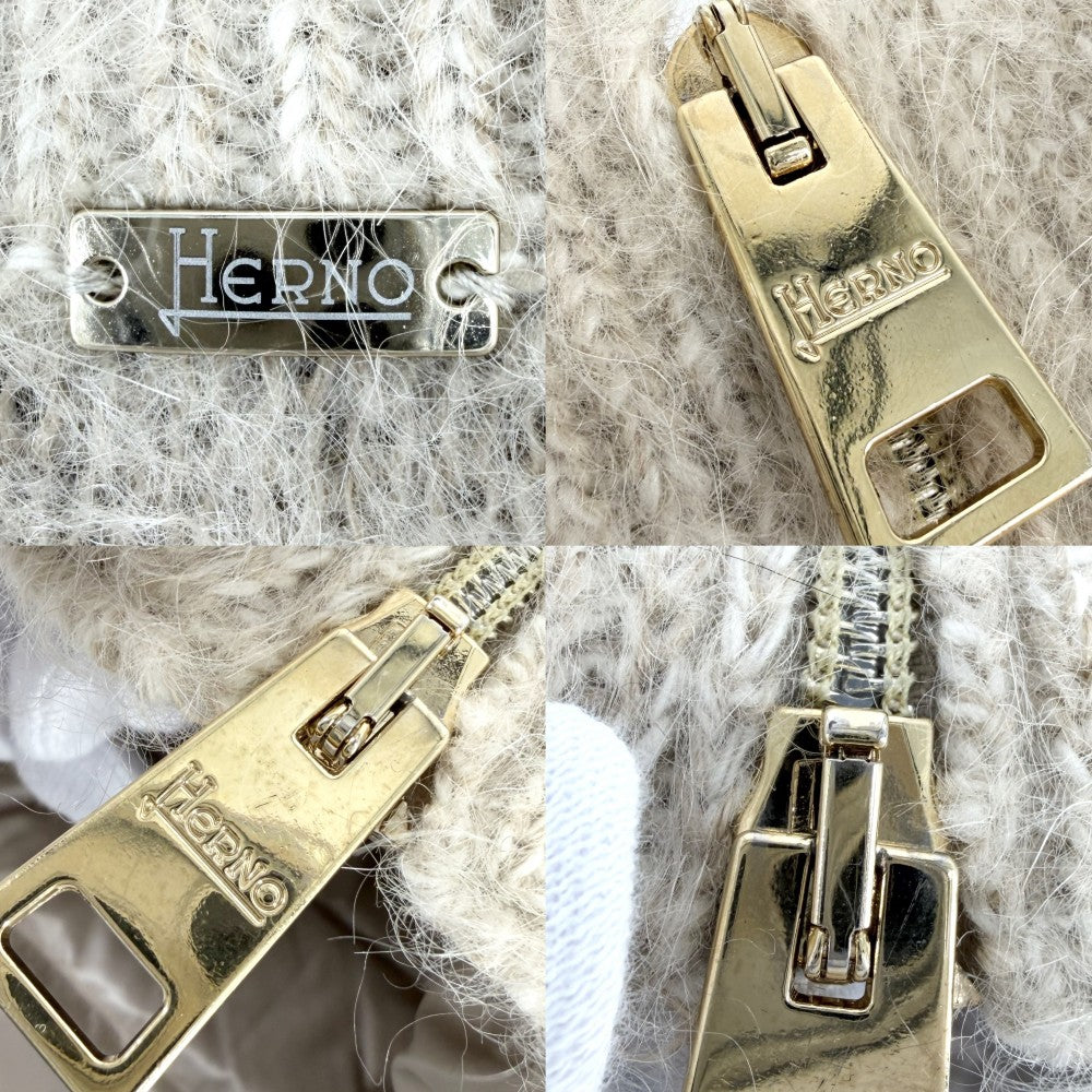 Herno ヘルノ ダウンジャケット フラッフィー ボーダー ケープジャケット スタンドカラー アウター ダウンコート ファッション 40 ベージュ ゴールド金具 冬 レディース【中古品】