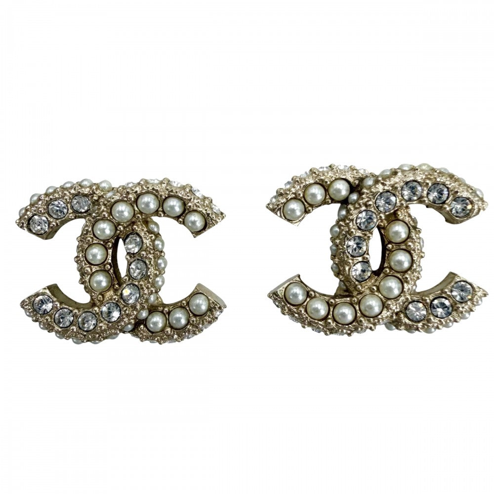 CHANEL シャネル ピアス ココマーク アクセサリー ラインストーン フェイクパール GP C22B ゴールド ホワイト 白 レディース 約3.6g 2022年【中古品】