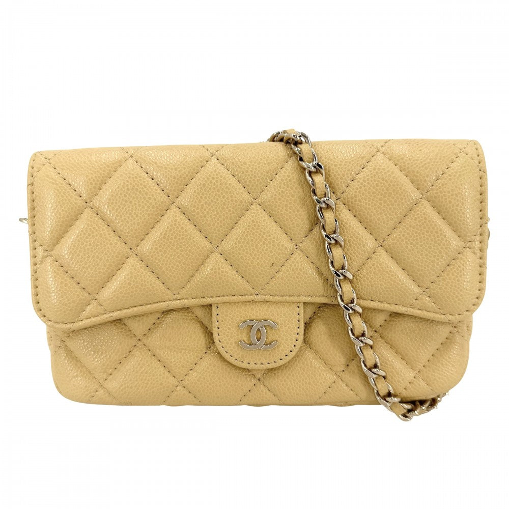 CHANEL シャネル ショルダーバッグ ミニマトラッセ ココマーク ショルダーポーチ キャビアスキン イエロー ゴールド金具 レディース【中古品】