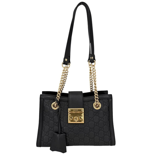 GUCCI グッチ ショルダーバッグ グッチシマ パドロック チェーンショルダー GG 498156 レザー ブラック 黒 ゴールド金具 レディース【中古品】