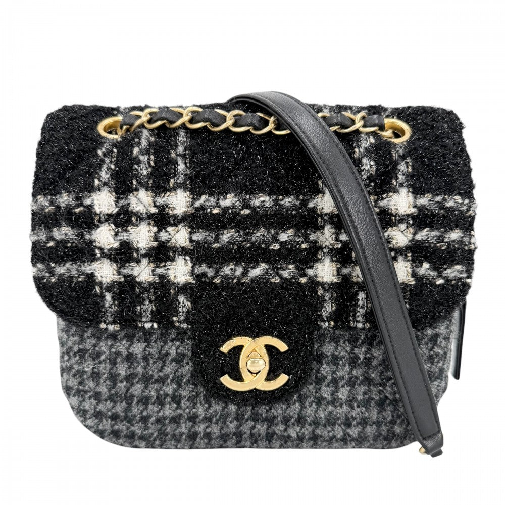 CHANEL シャネル ショルダーバッグ ココマーク ダブルチェーン ターンロック 2022-23AW ツイード ウール ブラック 黒 グレー ゴールド金具 レディース【中古品】