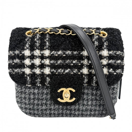 CHANEL シャネル ショルダーバッグ ココマーク ダブルチェーン ターンロック 2022-23AW ツイード ウール ブラック 黒 グレー ゴールド金具 レディース【中古品】