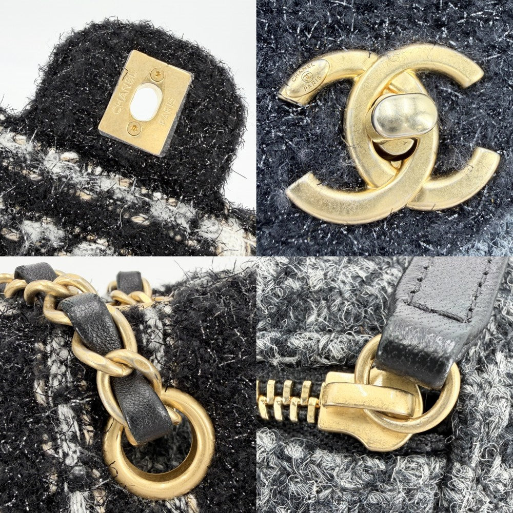 CHANEL シャネル ショルダーバッグ ココマーク ダブルチェーン ターンロック 2022-23AW ツイード ウール ブラック 黒 グレー ゴールド金具 レディース【中古品】